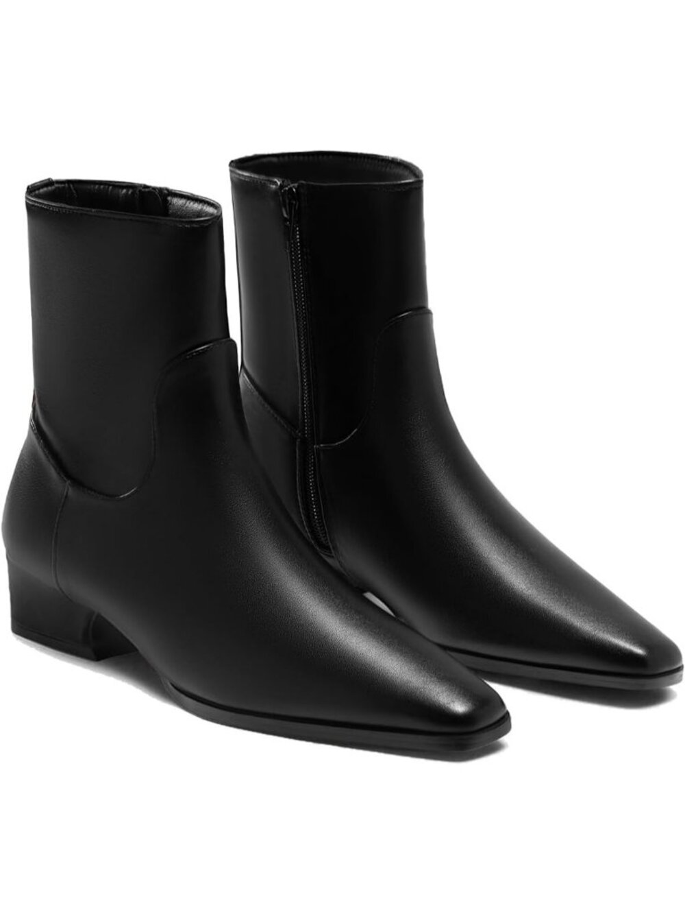 Women's Black Square Pointed Toe Chunky Heel Side Zipper Low Heel Ankle Boots